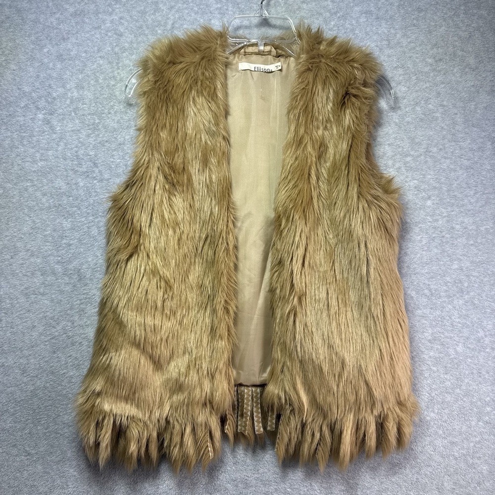 Ellison Fur Vest With Fringe Raw Hem Open Front Medium Tan Brown Boho